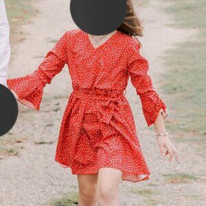 Girls Red Polka Dot Fit & Flare Dress w/ Bell Sleeves & Belt